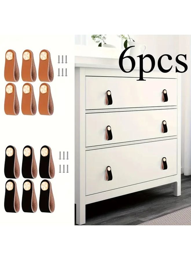 6pcs Black Premium Cowhide Faux Leather Cabinet Handles Knobs For Wardrobe Drawers - Image 1